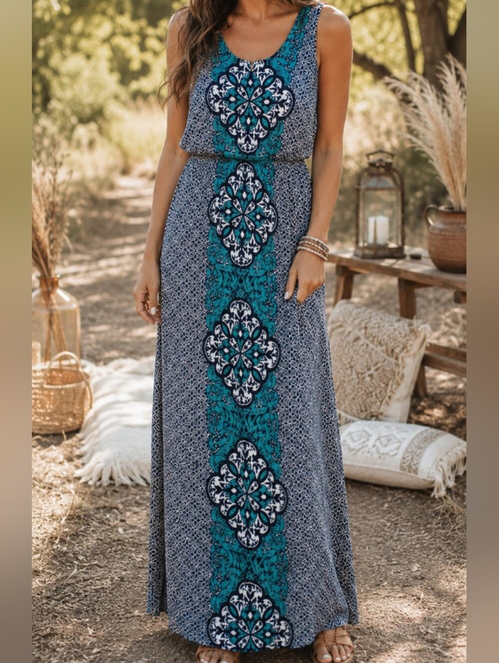 Maurices Teal Navy White Printed Maxi Dress Sleeveless Crisscross Back Boho